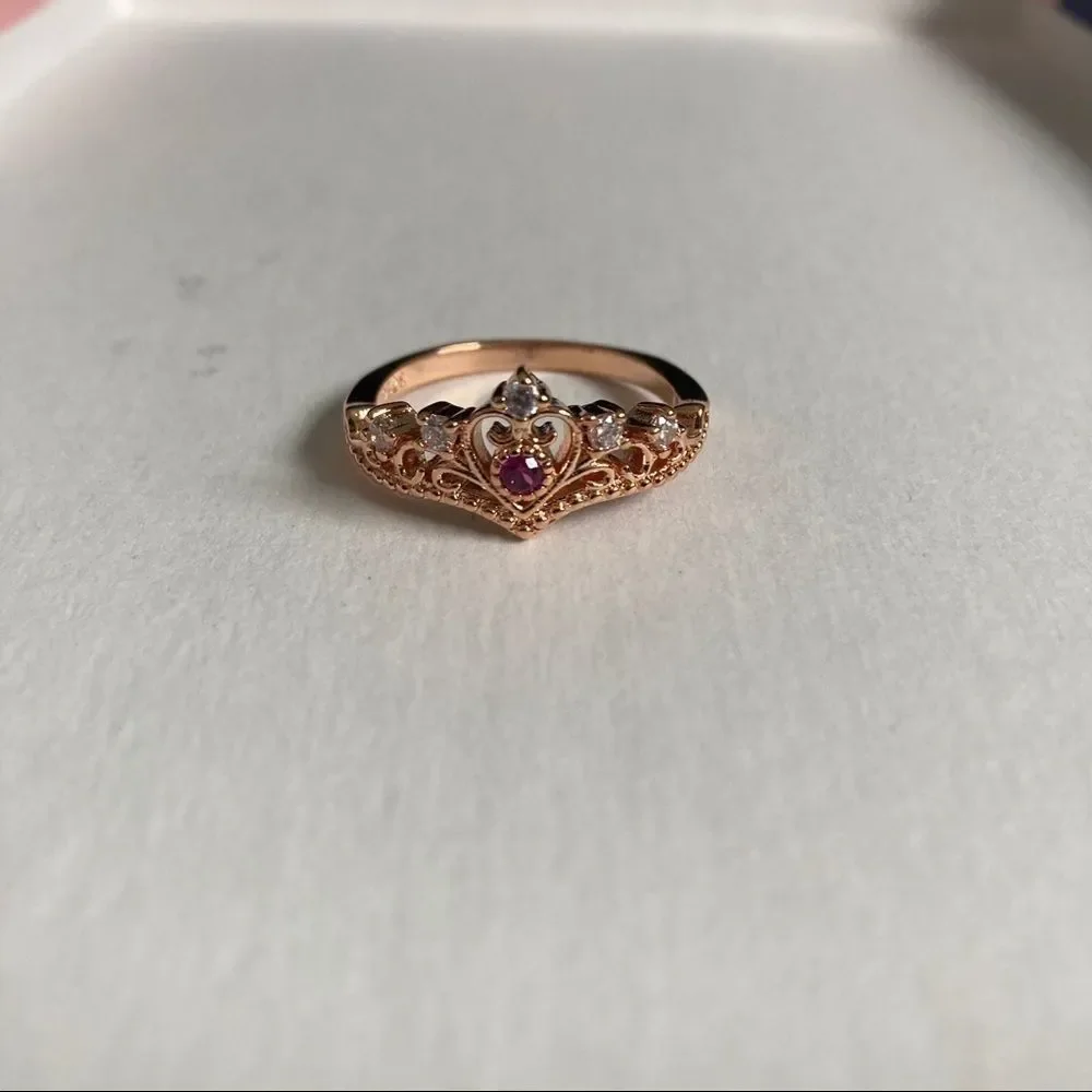 Size 8.5 Pink Sapphire Rose Gold Princess Crown Ring - Picture 2 of 7